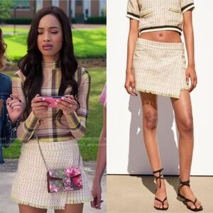 Zara Yellow Tweed Frayed Hem Skirt Wrap Skort